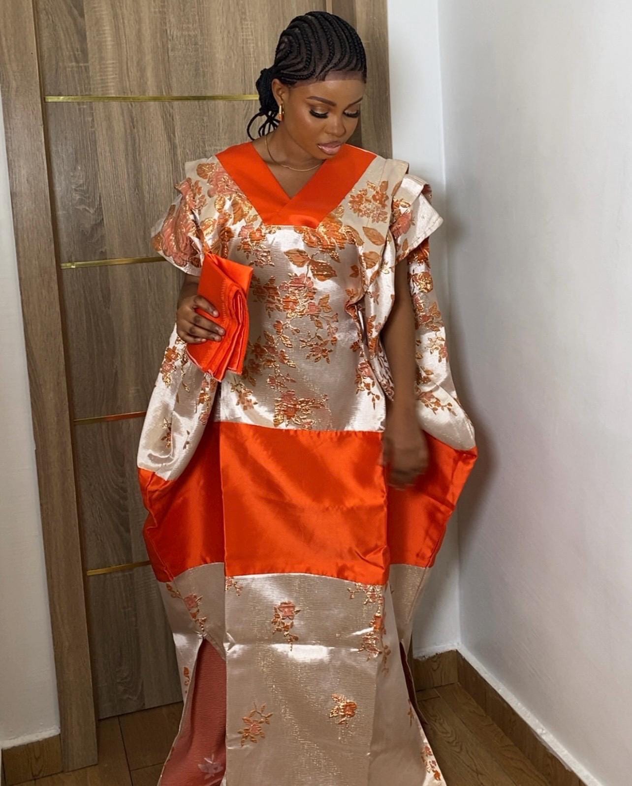 African Mikado Brocade Boubou | Kaftan Dress with Scarf