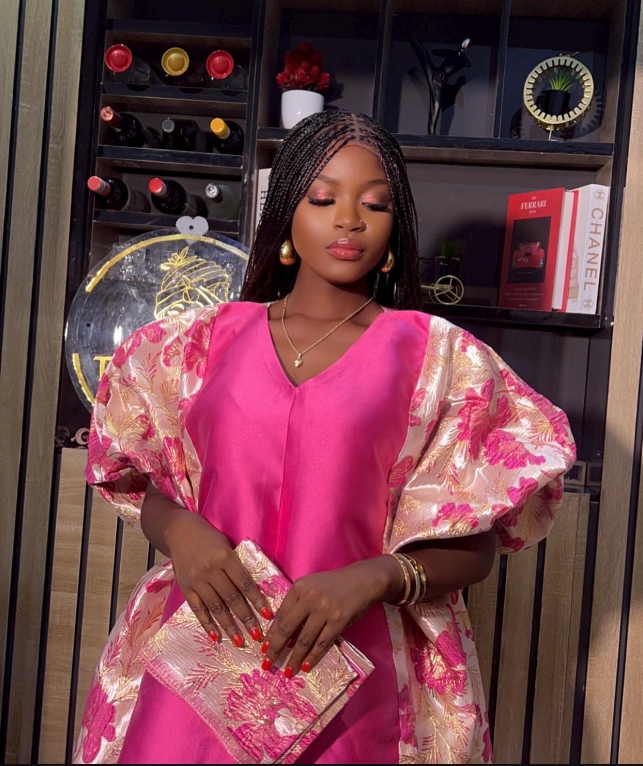 Pink Mikado Brocade Boubou | Nigerian Kaftan Dress, One Size