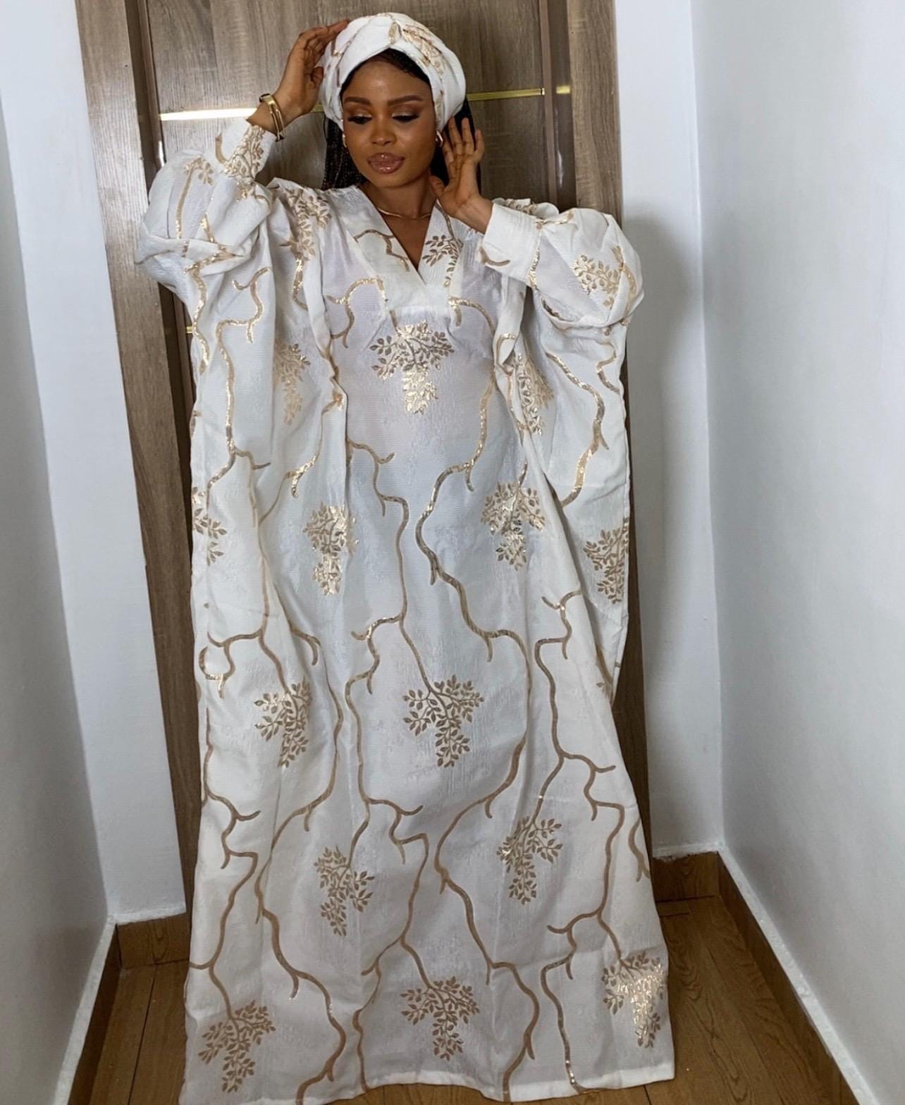 Cream & Gold Brocade Boubou Dress | African Kaftan with Matching Scarf