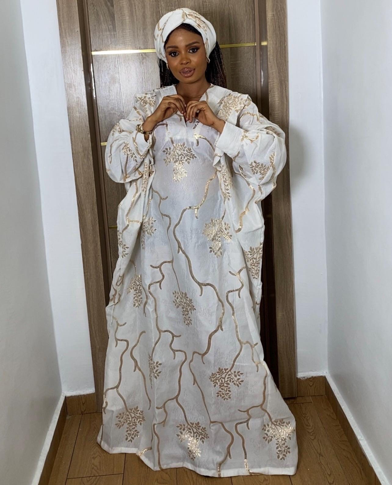 Cream & Gold Brocade Boubou Dress | African Kaftan with Matching Scarf