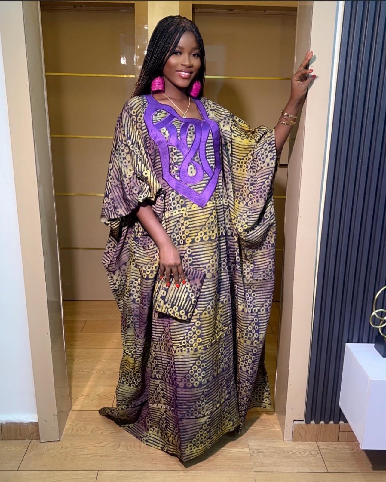 African Adire Batik Boubou Dress | Embroidered Cotton Brocade, One Size