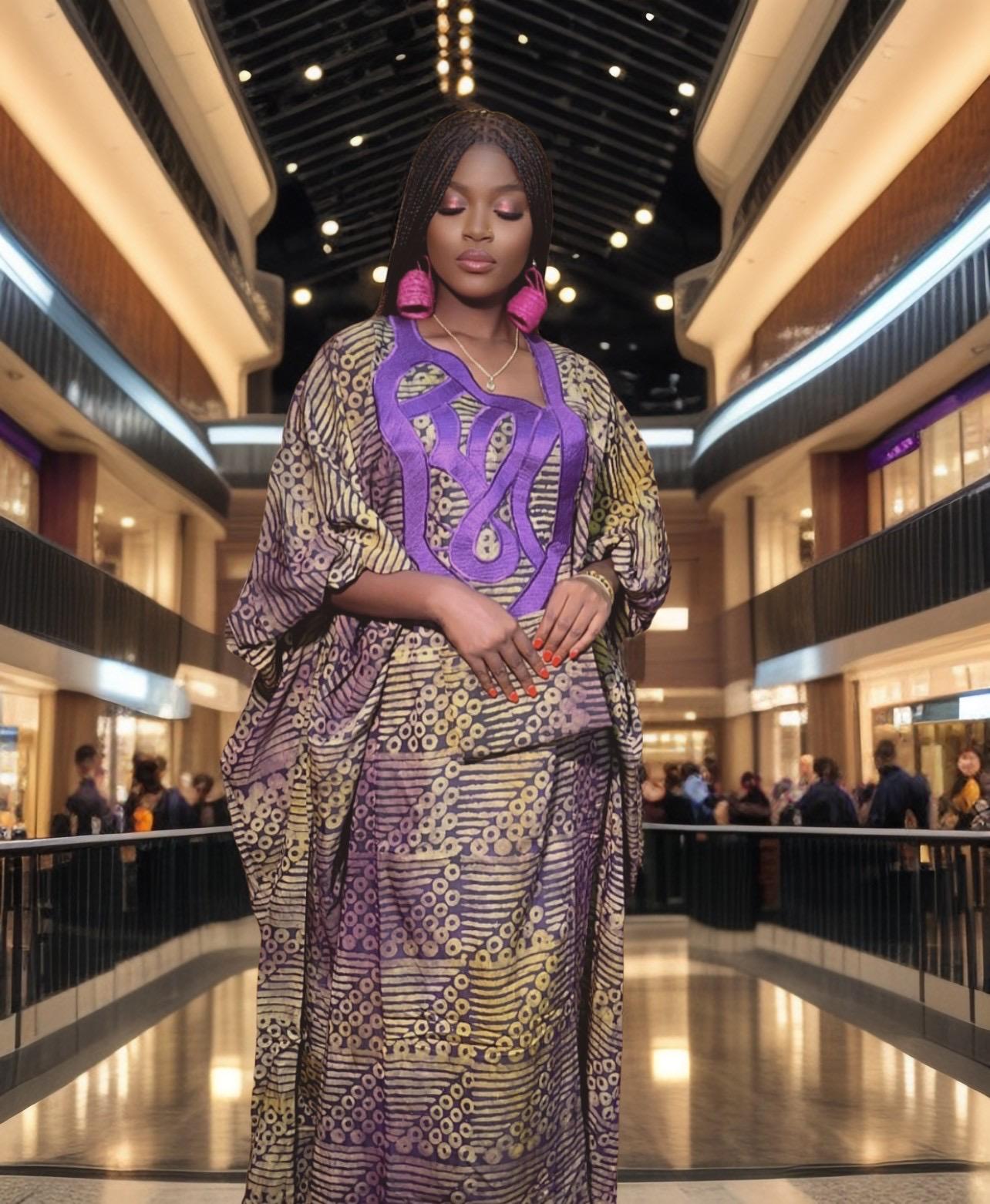 African Adire Batik Boubou Dress | Embroidered Cotton Brocade, One Size