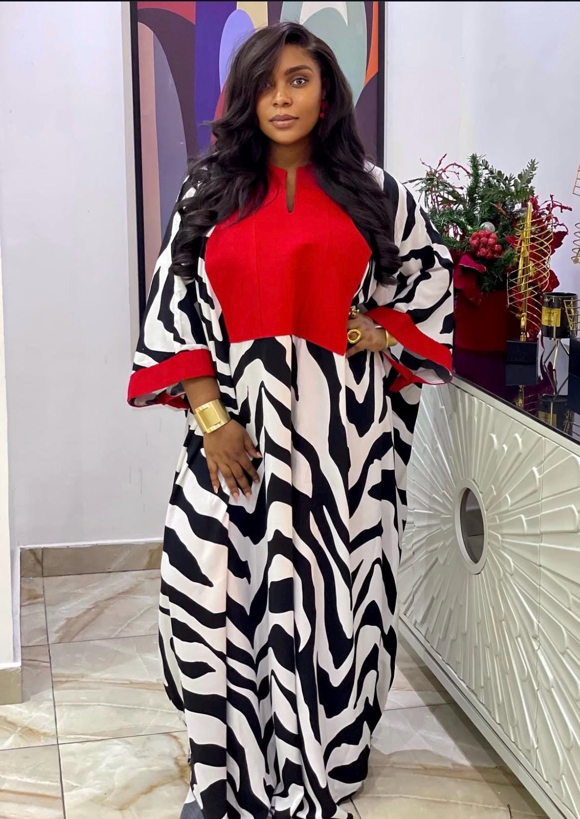 African Crepe Kaftan Dress | Aso Oke Neckline, Party Boubou
