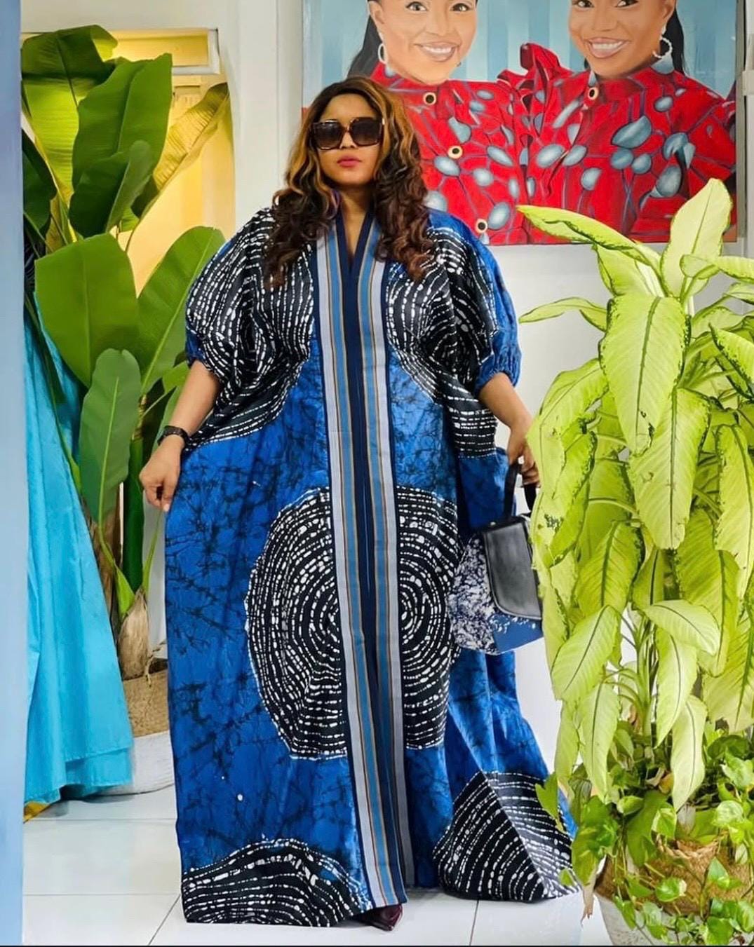 Handmade African Batik Boubou Dress | Adire Kaftan with Inner Belt