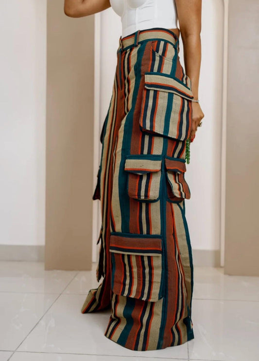 Handmade Aso Oke Cargo Pants – Striped African Textile, Wide Leg