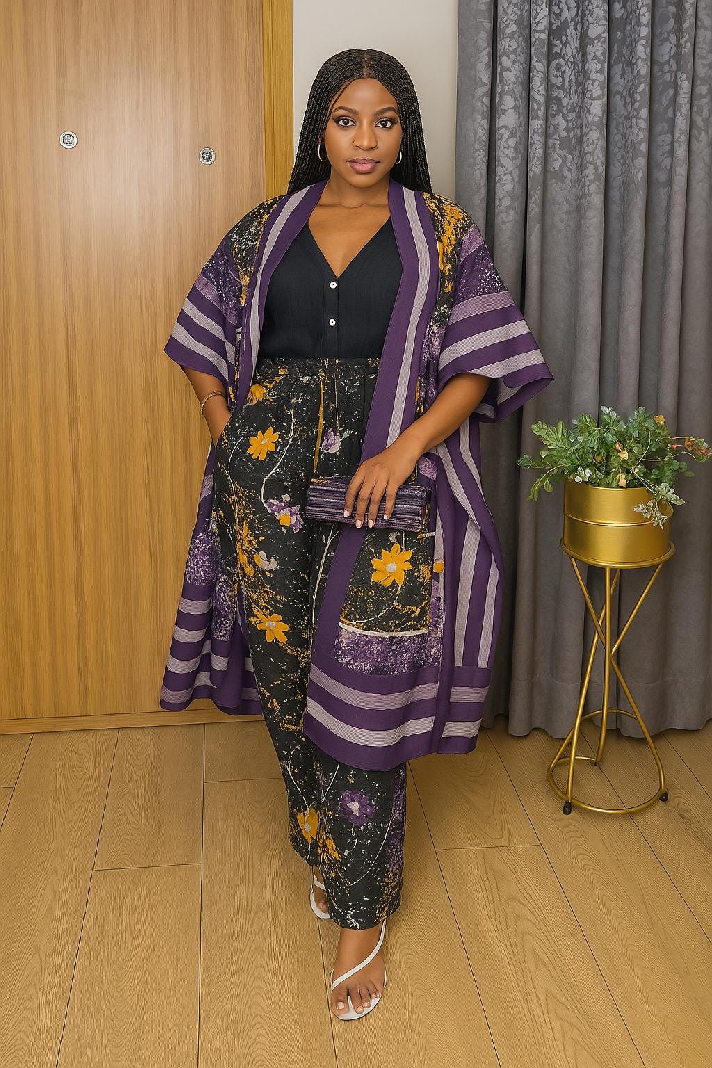 Adire Kimono and Pants Set | Handmade Aso Oke, Size 12-20