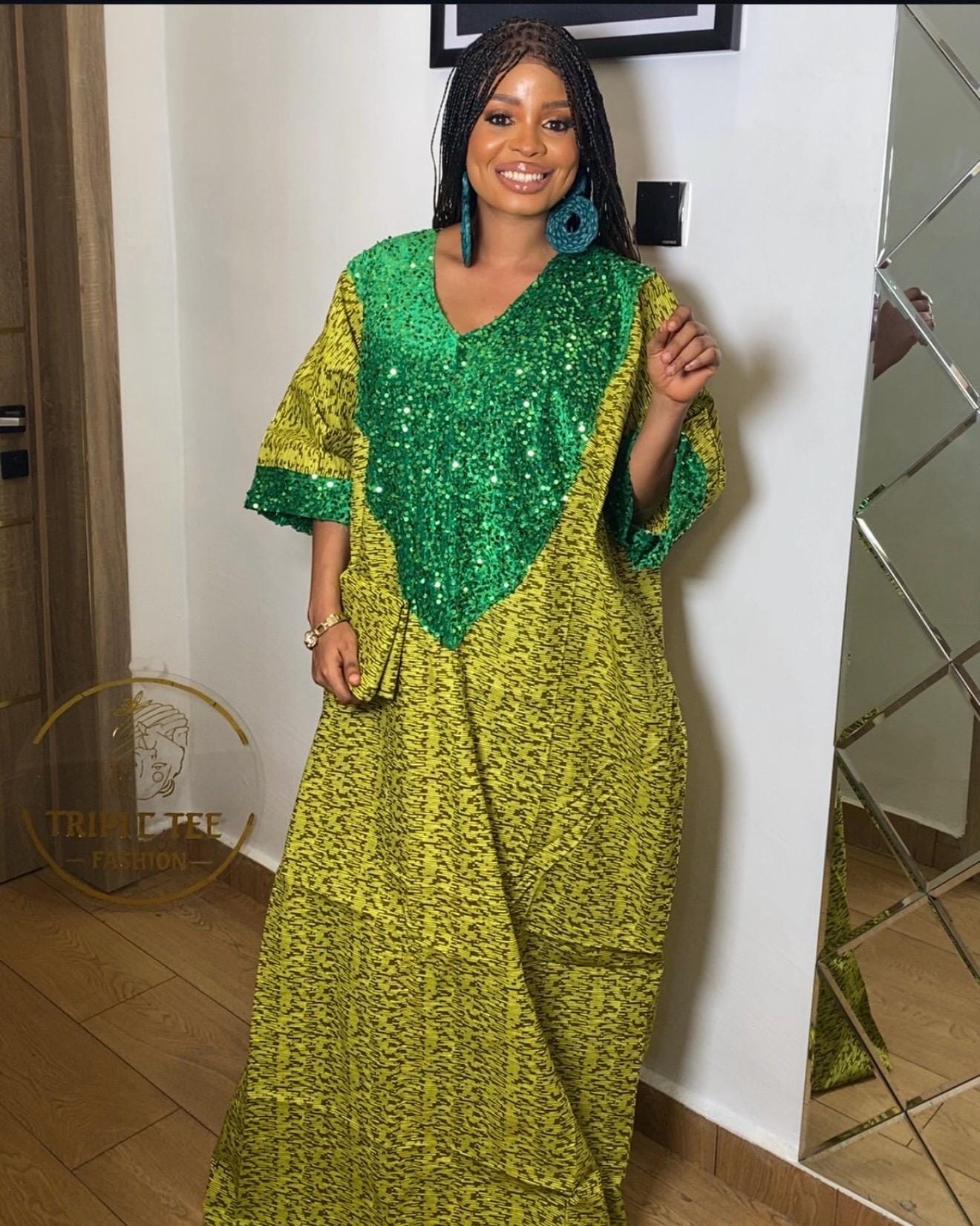 Sequin Ankara Boubou Dress | African Kaftan, Party Gown with Scarf