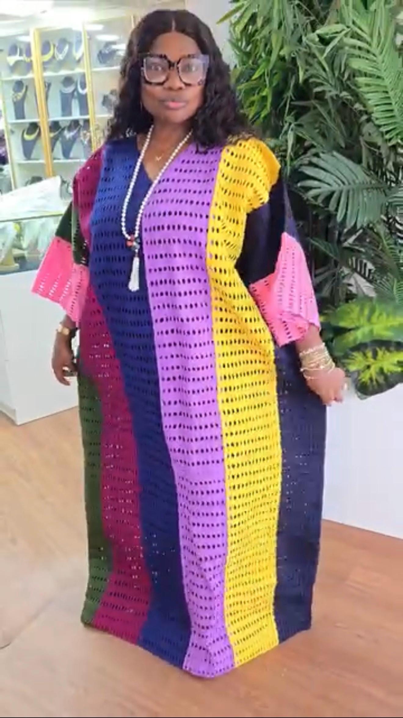 Aso Oke Boubou Kaftan – Handmade Nigerian Maxi Dress, One Size