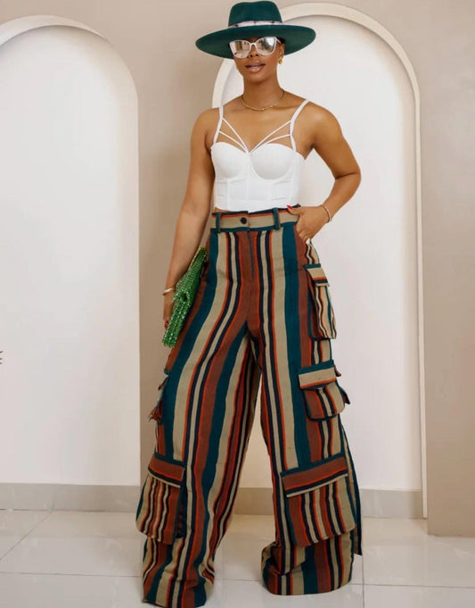 Handmade Aso Oke Cargo Pants – Striped African Textile, Wide Leg