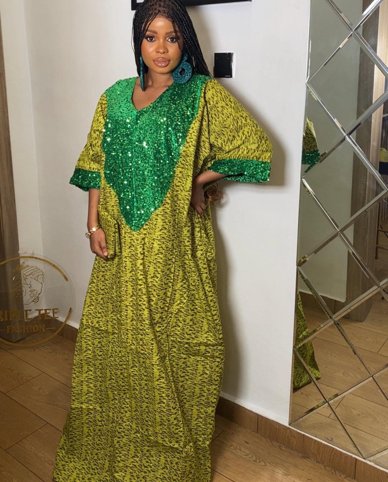 Sequin Ankara Boubou Dress | African Kaftan, Party Gown with Scarf