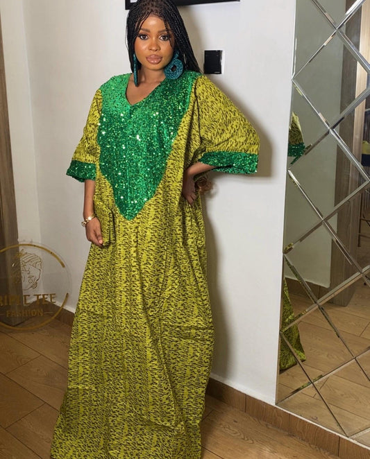 Sequin Ankara Boubou Dress | African Kaftan, Party Gown with Scarf