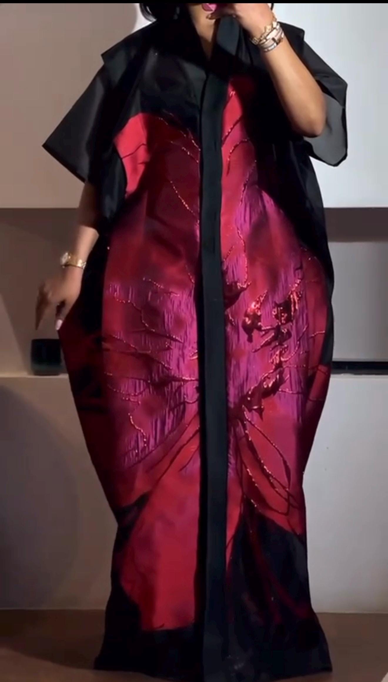 Organza Brocade Kaftan Dress | African Boubou, Red & Black