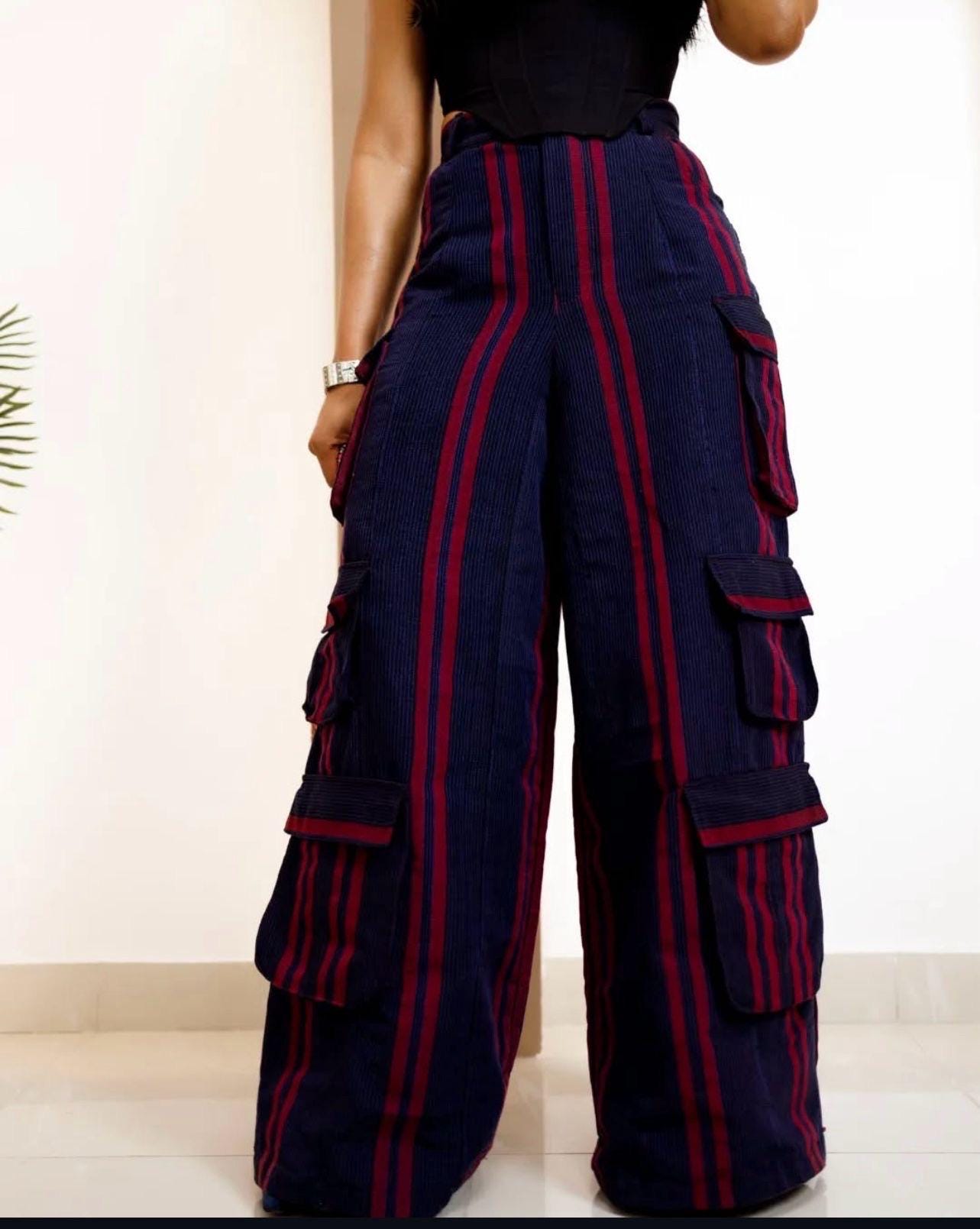 African Handmade Aso Oke Cargo Pants – Bold Striped African Textile| Multiple Sizes | Kaftan| African print dress
