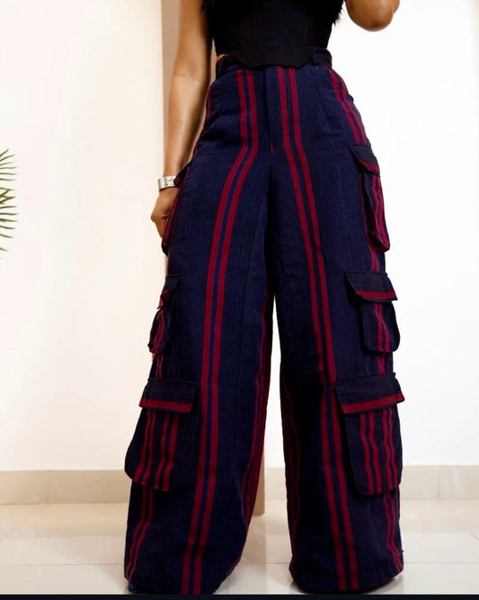 African Handmade Aso Oke Cargo Pants – Bold Striped African Textile| Multiple Sizes | Kaftan| African print dress