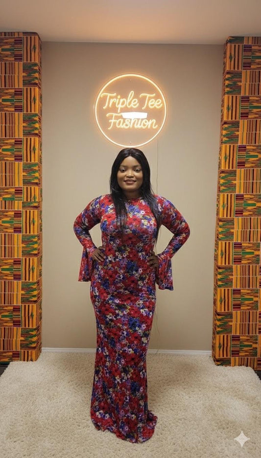 Bloom Mesh Maxi Dress – African-Inspired Floral Elegance | Sizes 12 & 14 | Triple Tee Fashion