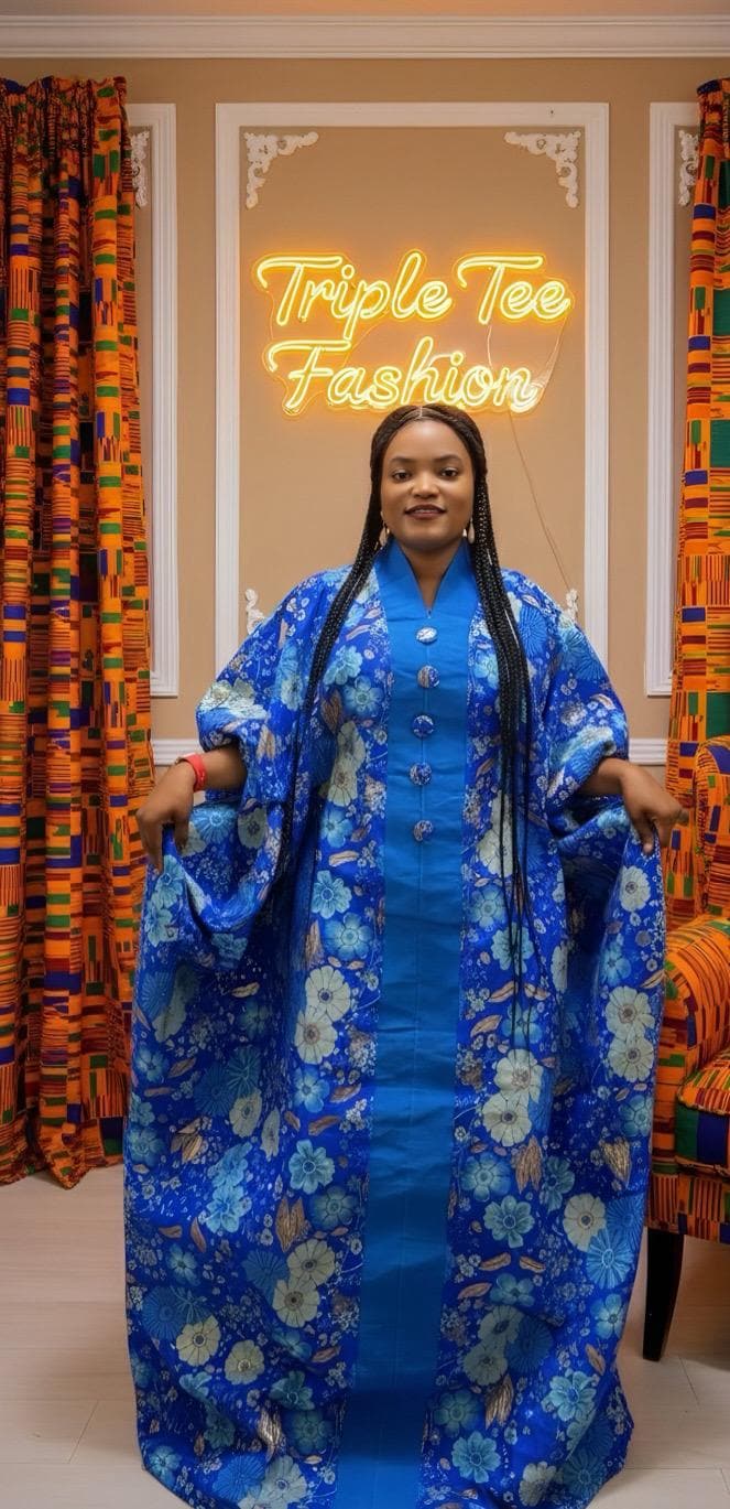 Floral Brocade Boubou Dress with Scarf | African Kaftan Jalabiya