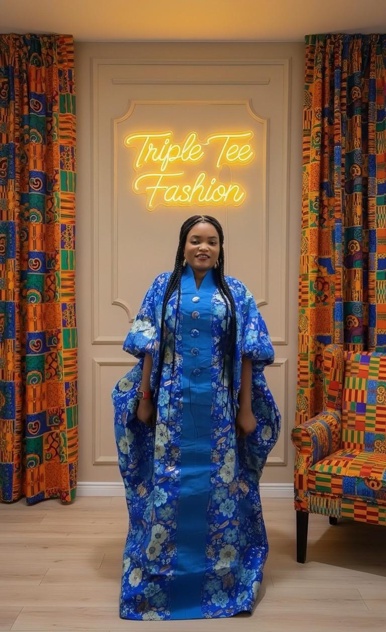 Floral Brocade Boubou Dress with Scarf | African Kaftan Jalabiya