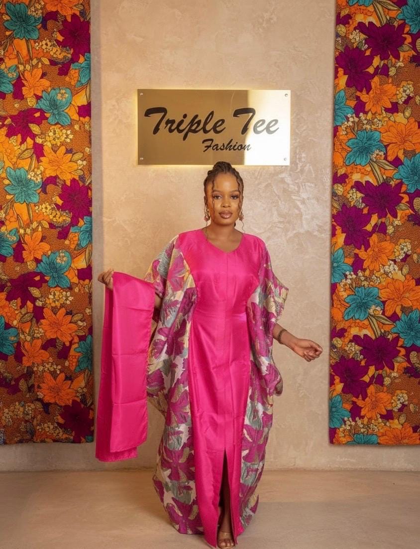 Mikado Brocade Boubou | African Kaftan Dress with Scarf