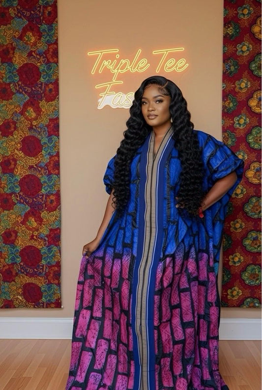 Handmade African Print Adire Batik Boubou Kaftan Dress