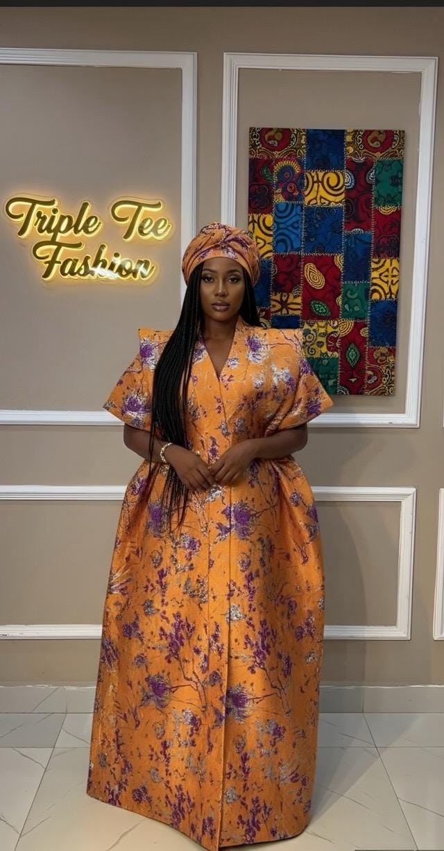 African Brocade Boubou Dress | Matching Scarf, Rich Aunty Vibes