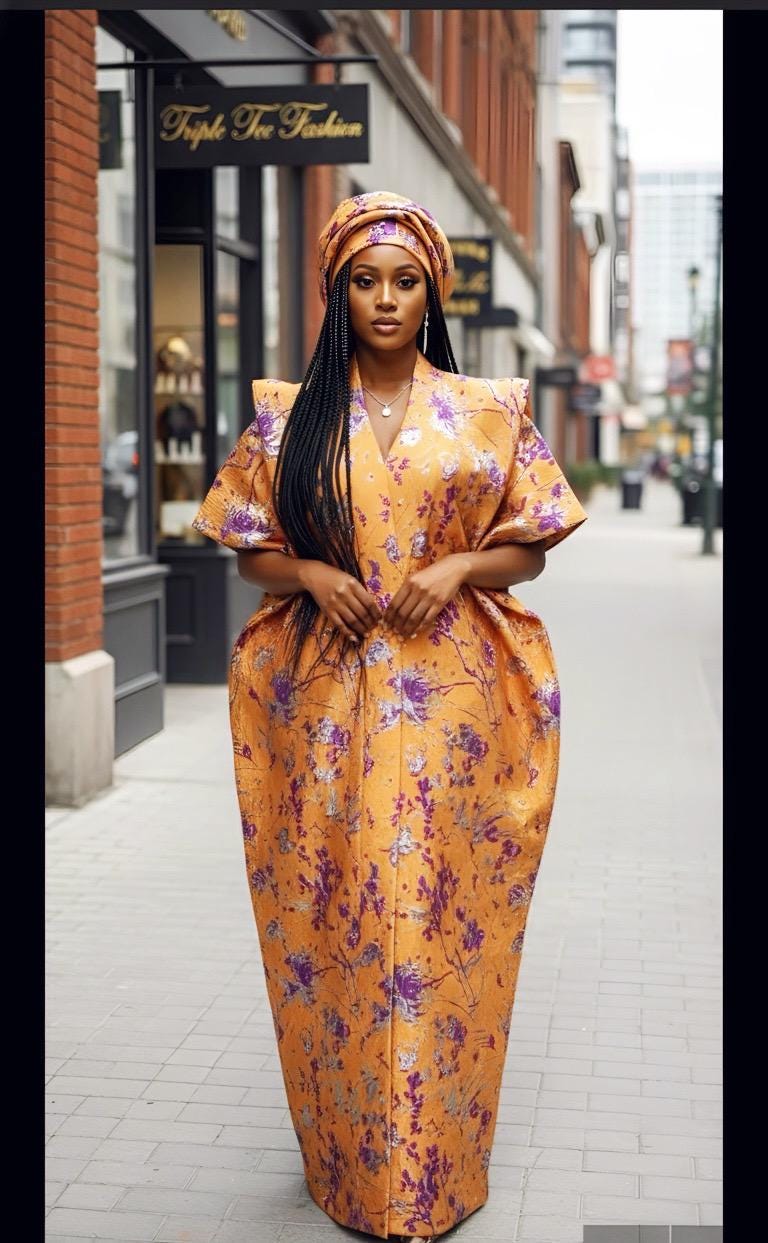 African Brocade Boubou Dress | Matching Scarf, Rich Aunty Vibes