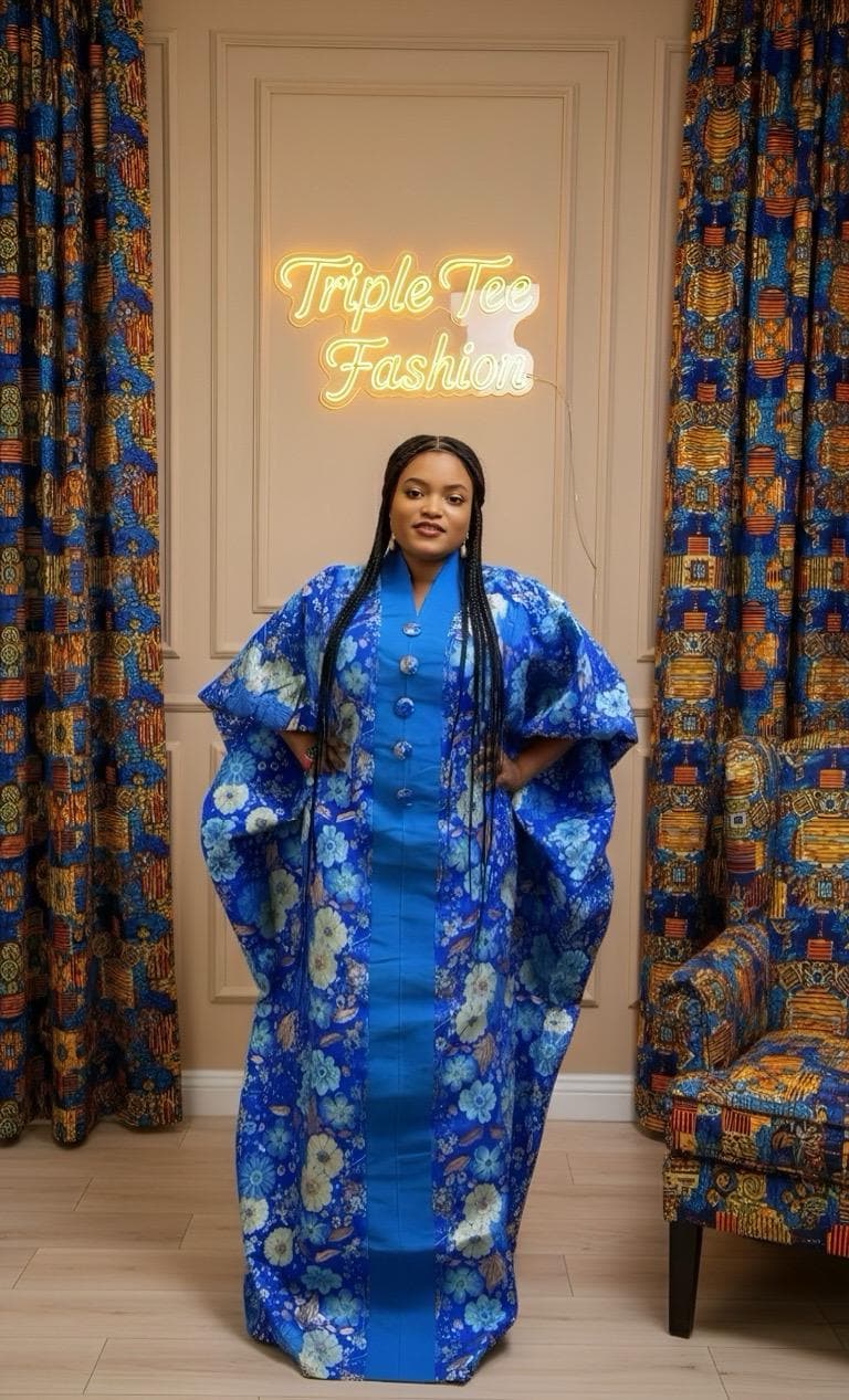 Floral Brocade Boubou Dress with Scarf | African Kaftan Jalabiya