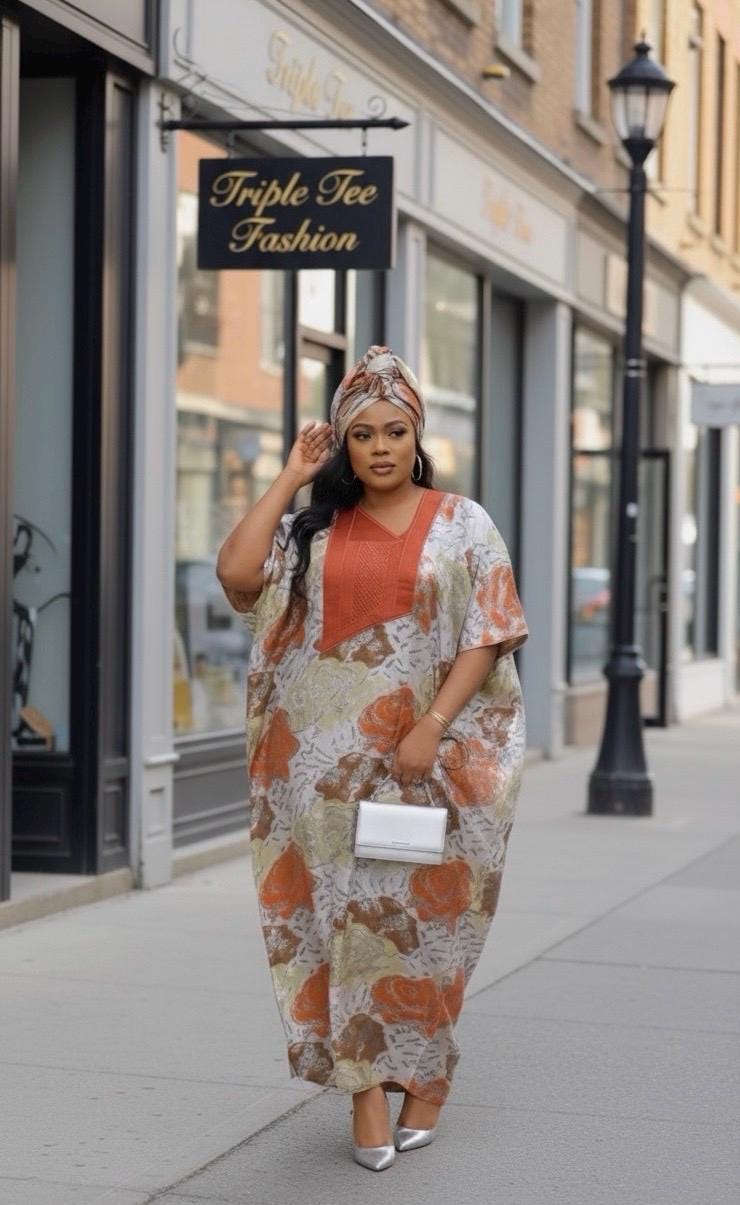 European Damask Brocade Agbada Dress with Matching Scarf