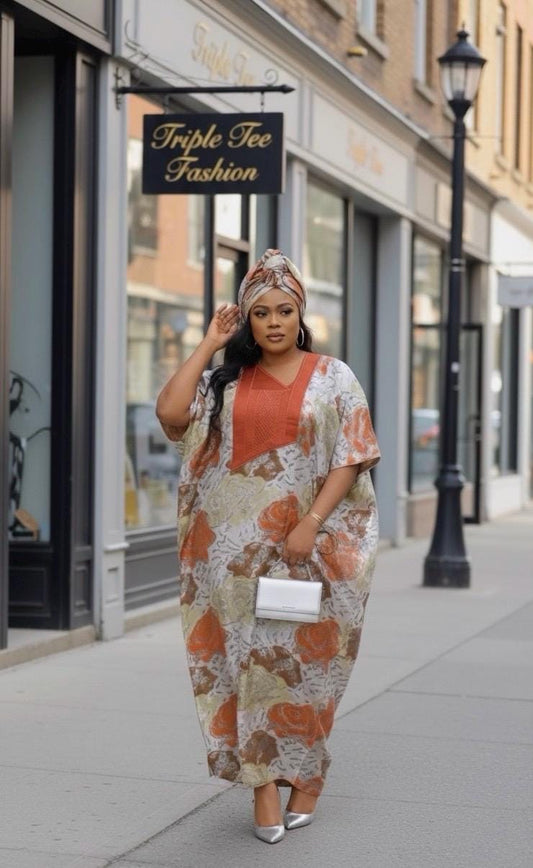 European Damask Brocade Agbada Dress with Matching Scarf