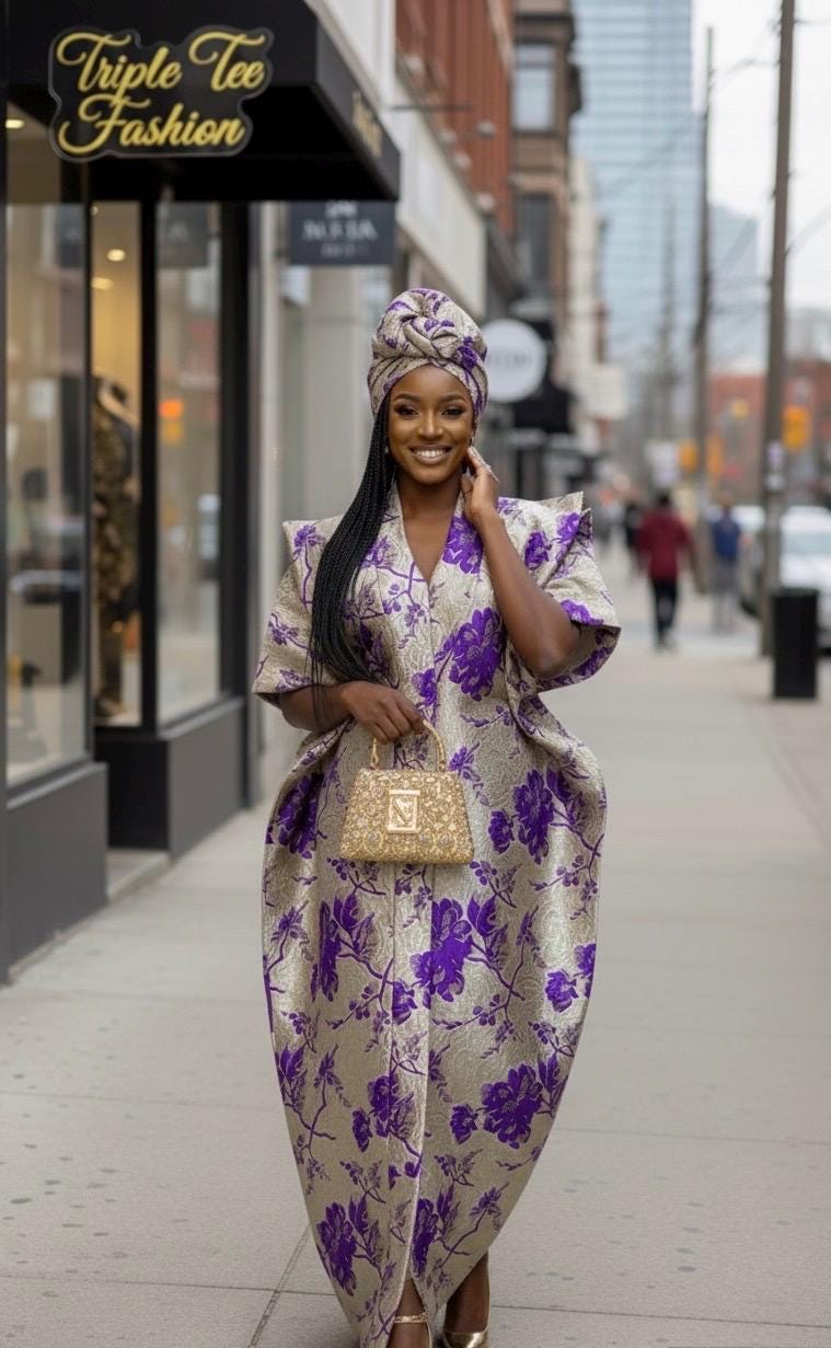 Floral Brocade Boubou Dress | African Kaftan with Scarf