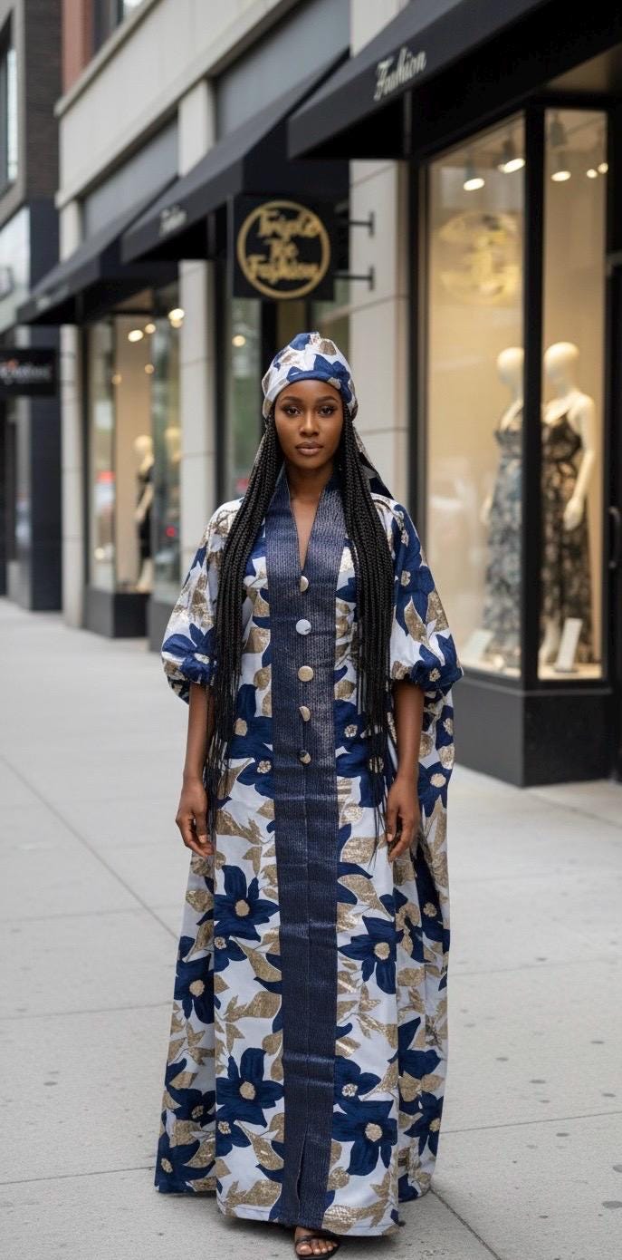 Brocade African Boubou Dress | Ankara Kaftan with Matching Scarf