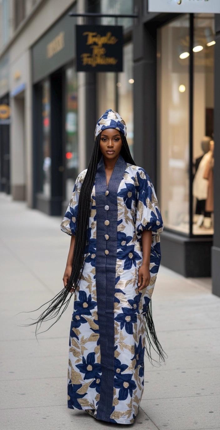 Brocade African Boubou Dress | Ankara Kaftan with Matching Scarf