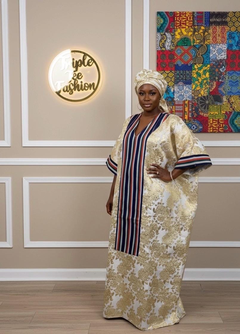 European Brocade Boubou Dress with Matching Scarf | Nigerian Aso Oke, Rich Aunty Vibes