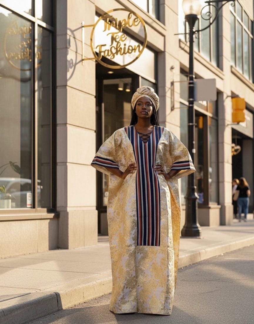 European Brocade Boubou Dress with Matching Scarf | Nigerian Aso Oke, Rich Aunty Vibes