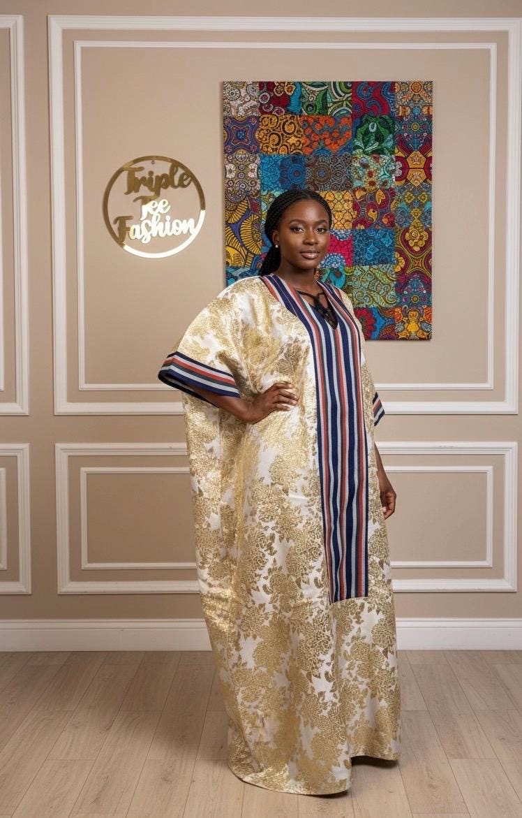 European Brocade Boubou Dress with Matching Scarf | Nigerian Aso Oke, Rich Aunty Vibes