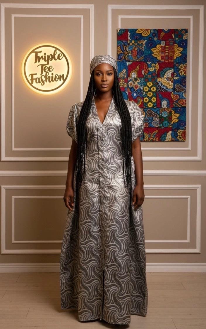 European Brocade Boubou Dress with Matching Scarf | African Kaftan