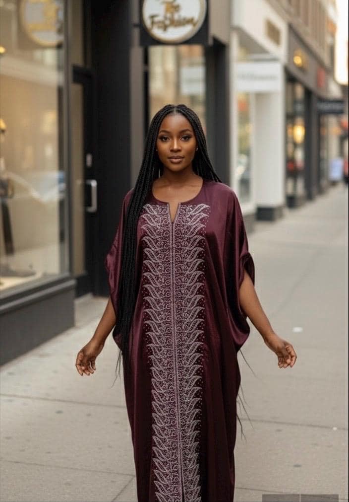 Chocolate Brown Duchess Silk Boubou | Crystal Patterned Ankara Kaftan