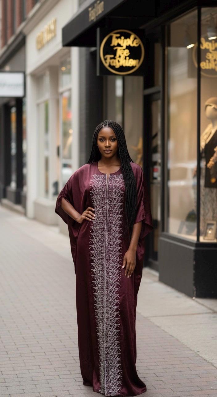 Chocolate Brown Duchess Silk Boubou | Crystal Patterned Ankara Kaftan