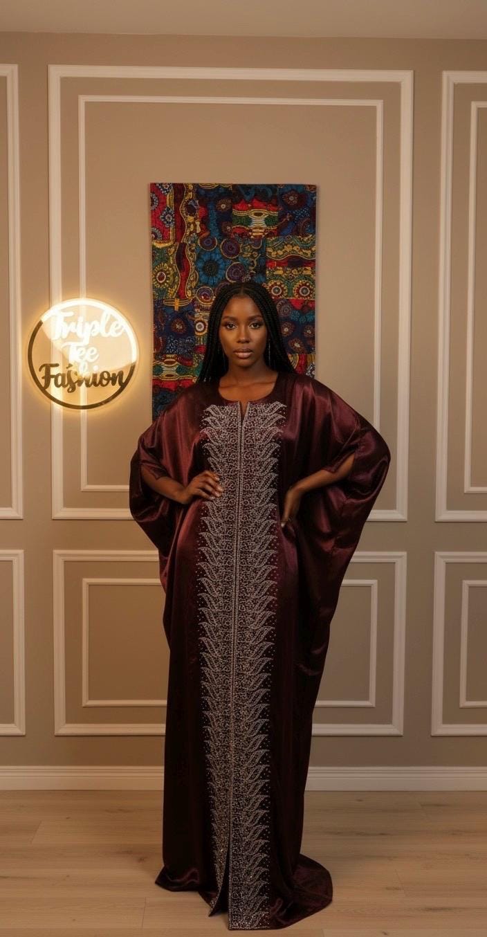 Chocolate Brown Duchess Silk Boubou | Crystal Patterned Ankara Kaftan