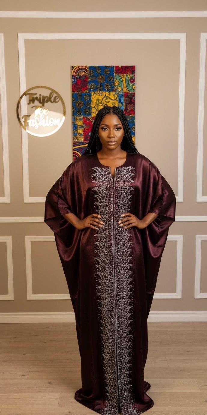 Chocolate Brown Duchess Silk Boubou | Crystal Patterned Ankara Kaftan