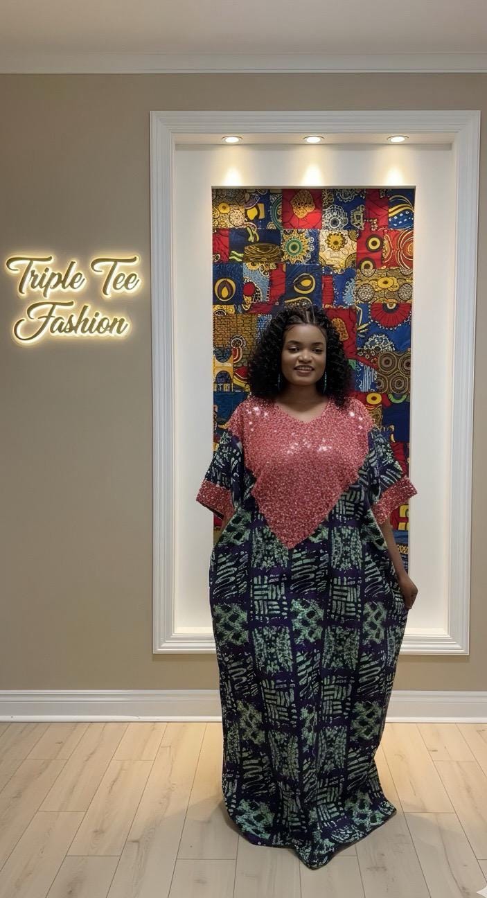 Sequin Ankara Boubou Dress | African Print Cotton Kaftan
