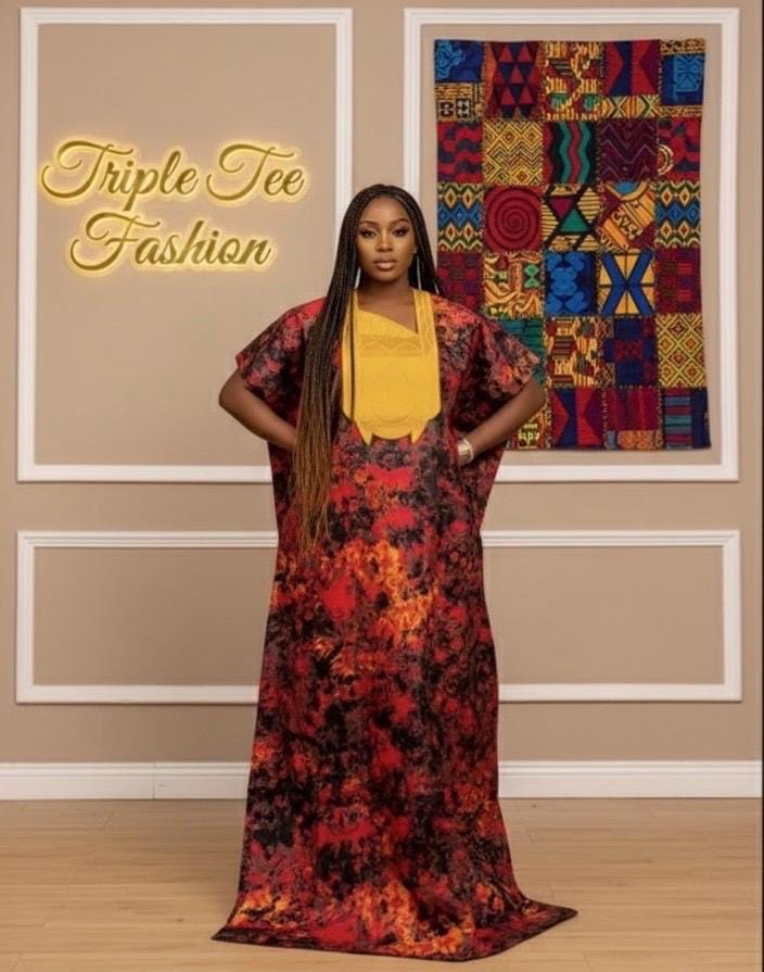 African Ankara Boubou Dress | Phoenix Embroidery, Cotton Kaftan