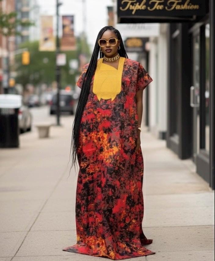 African Ankara Boubou Dress | Phoenix Embroidery, Cotton Kaftan