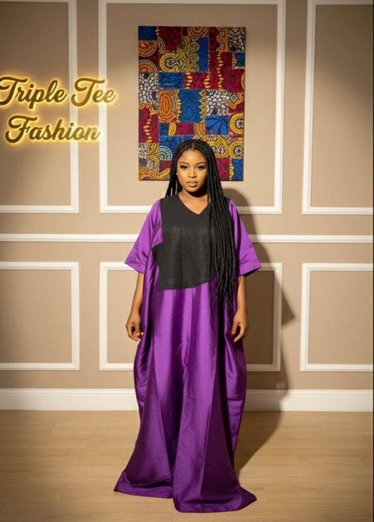 Mikado Boubou Dress | Aso Oke Neckline, African Kaftan with Matching Cap