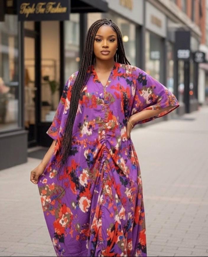 African Print Crepe Kaftan Dress | Nigerian Boubou, One Size