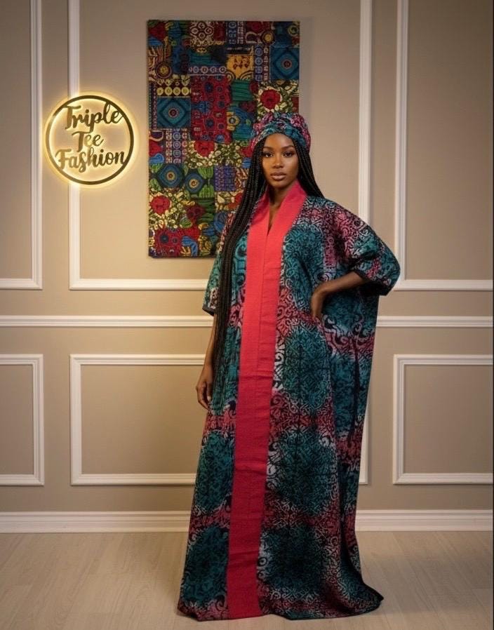 African Adire Batik Boubou Dress | Handmade Kaftan with Inner Belt