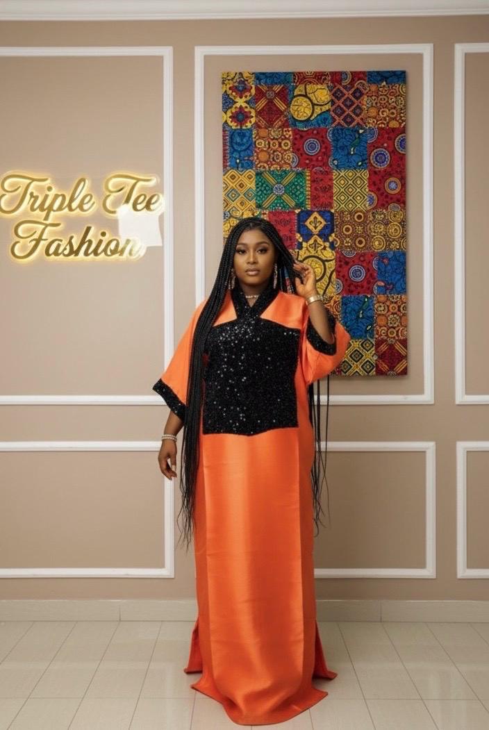 Orange Mikado Boubou Dress | Sequin African Kaftan, Party Jalabiya