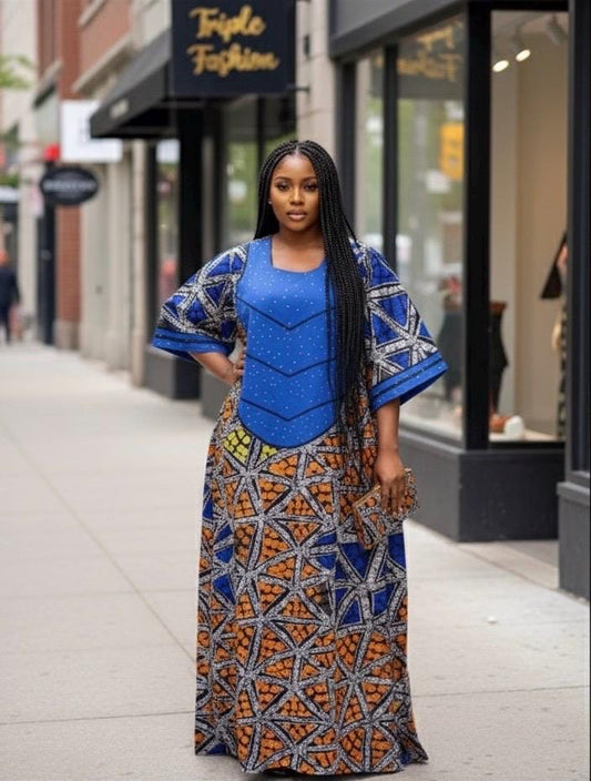 Handmade Adire Brocade Kaftan Dress | Nigerian Print Boubou