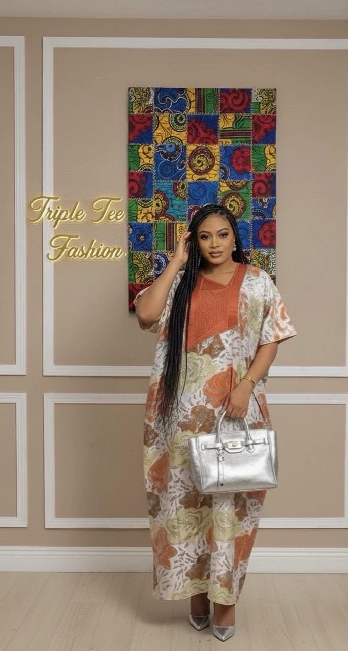 European Damask Brocade Agbada Dress with Matching Scarf