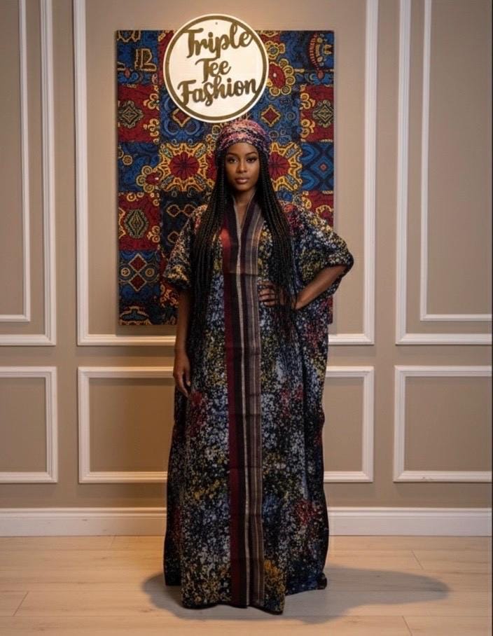 African Adire Batik Boubou Dress | Handmade Cotton Kaftan with Inner Belt