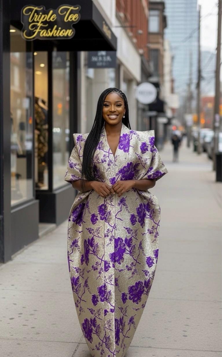 Floral Brocade Boubou Dress | African Kaftan with Scarf